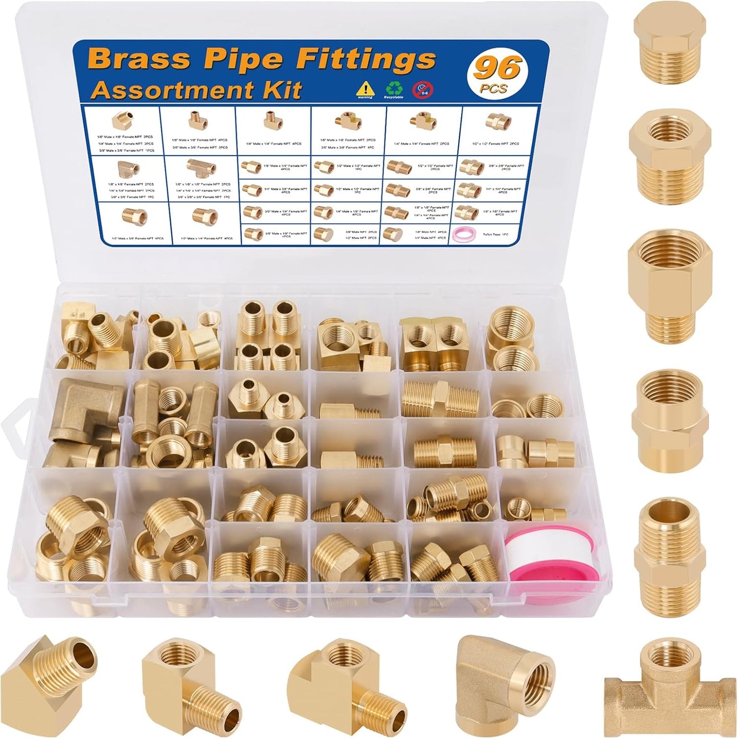 KOOTANS 96PCS Brass Pipe Fittings Assortment Kit for Plumbing
