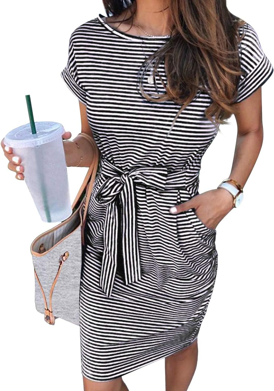 MEROKEETY Women's Summer Striped T Shirt Dress with Pockets