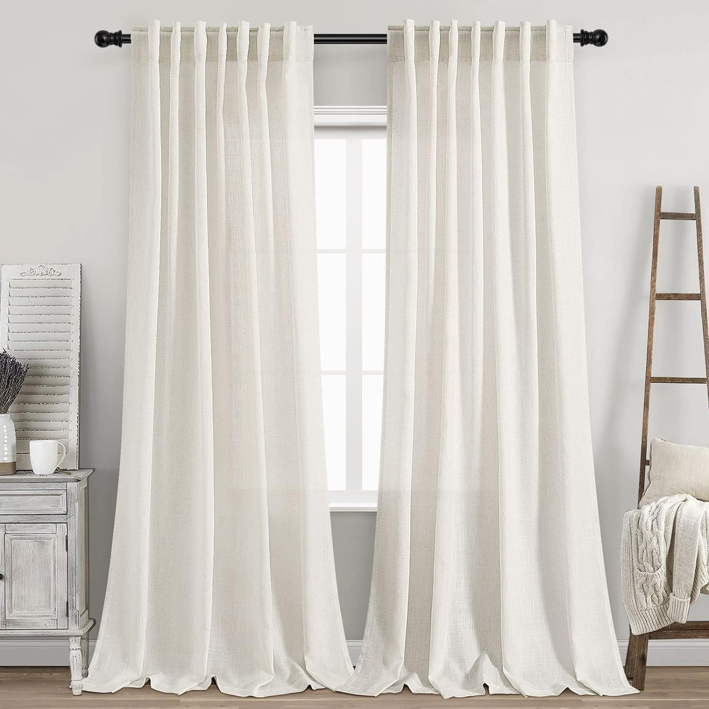 Back Tab Linen Curtains 96 inches Long for Living Room Decor