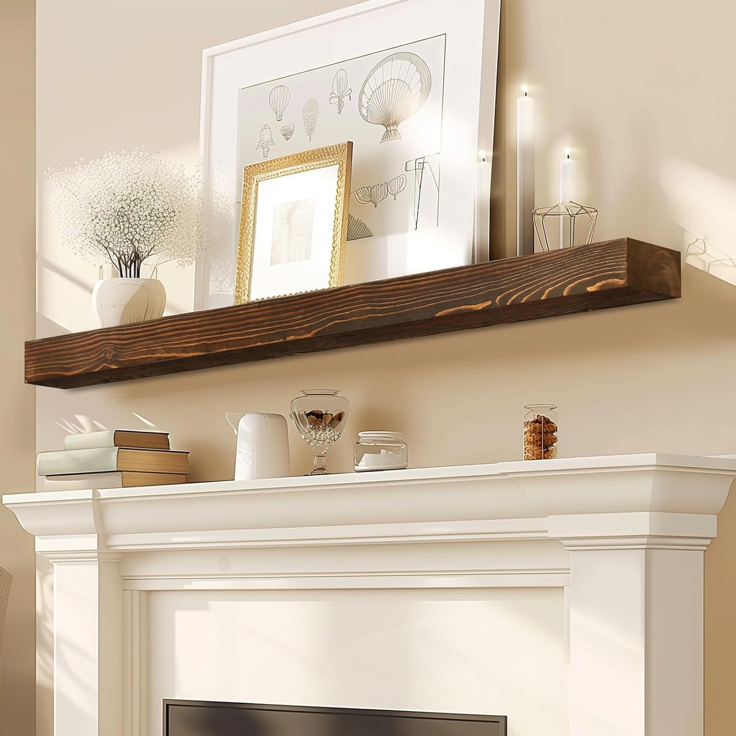48x8x3 Fireplace Mantel - Solid Rustic Wood Wall Shelf