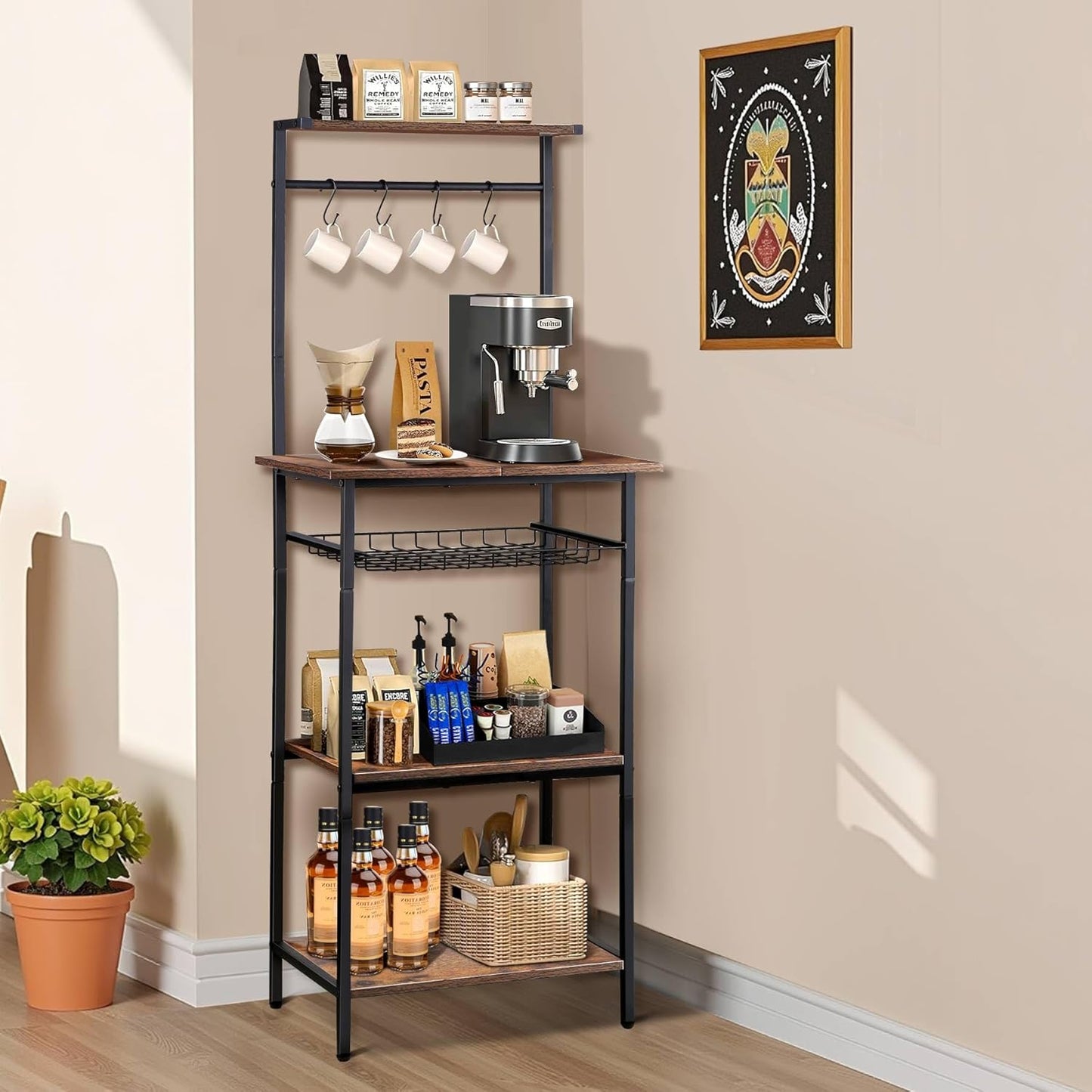 Compact Coffee Cart with Wire Basket - Space-Saving 5 Tier Stand