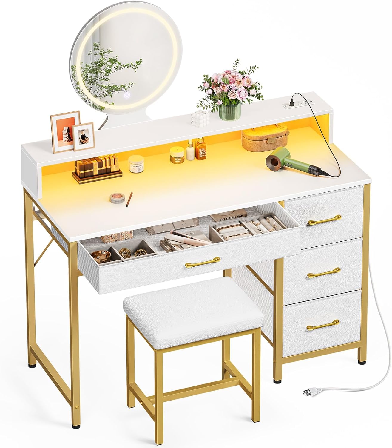 White Gold Vanity Desk Set, LED Lighting & Power Outlet