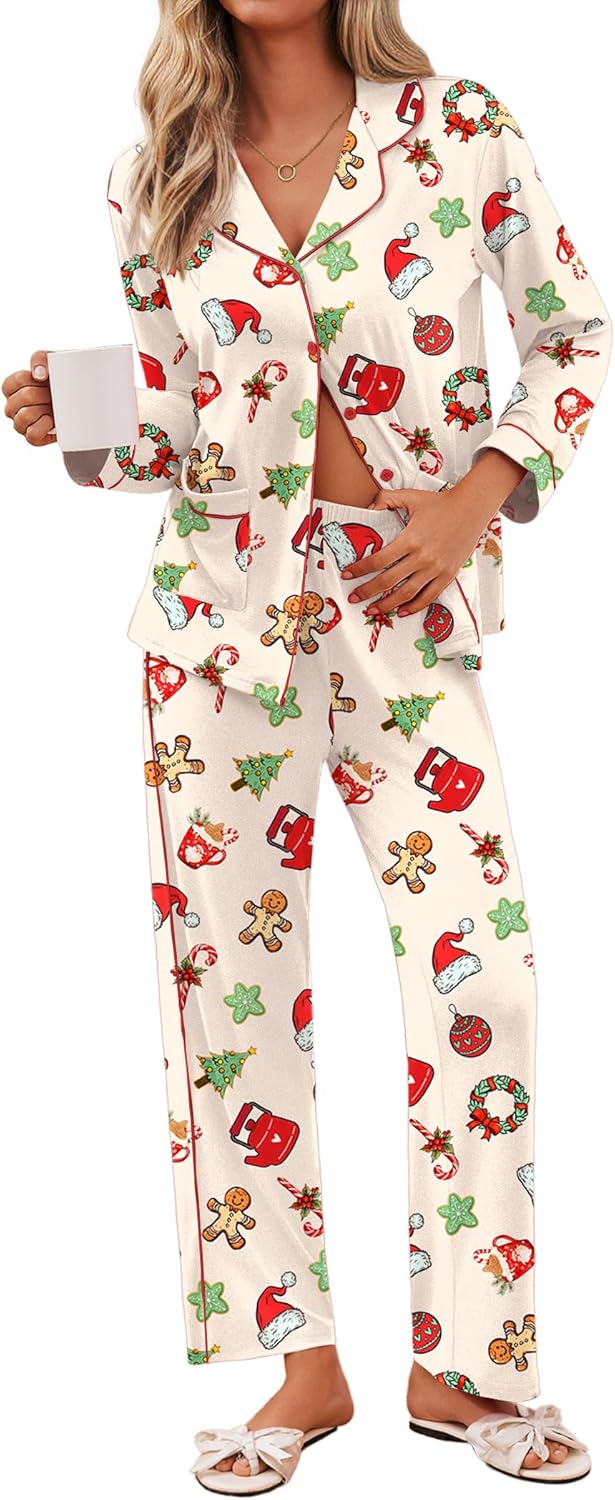 Ekouaer Pajamas for Women Set with Button Down Long Sleeve Shirt
