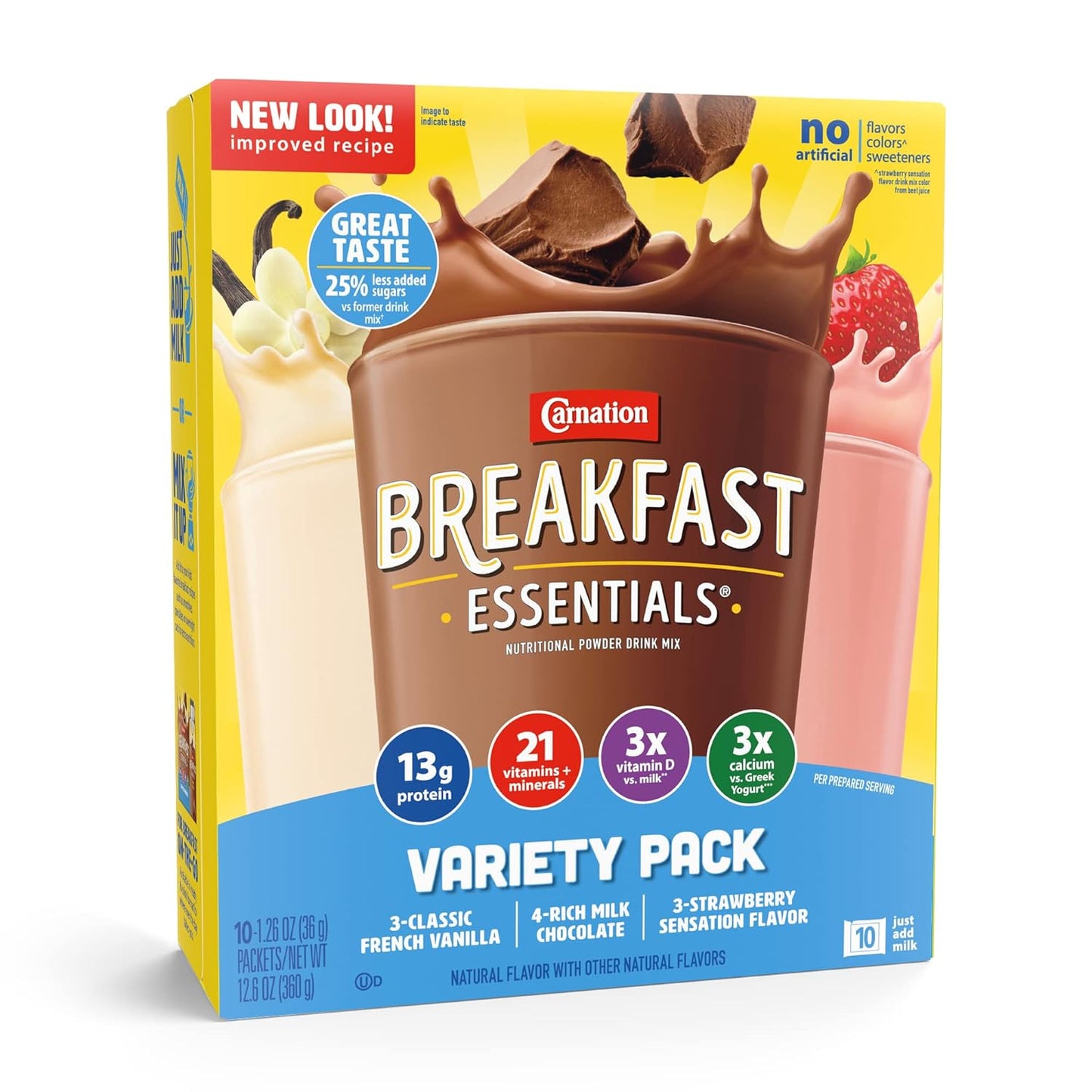 Carnation Breakfast Essentials Mix Variety Pack 60 Ct: Rich Chocolate, Classic Vanilla, Strawberry Sensation