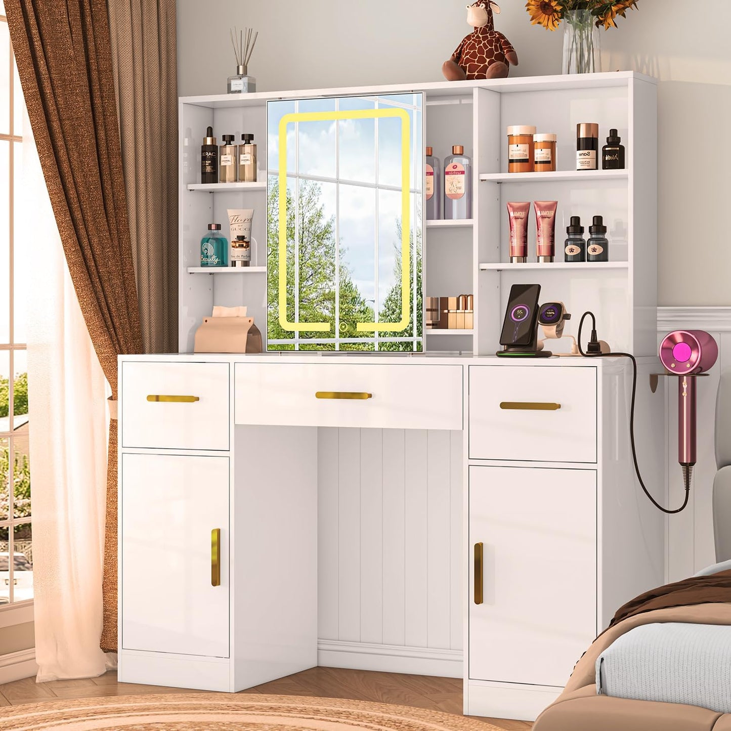 White Makeup Vanity with Sliding Mirror & LED Lights