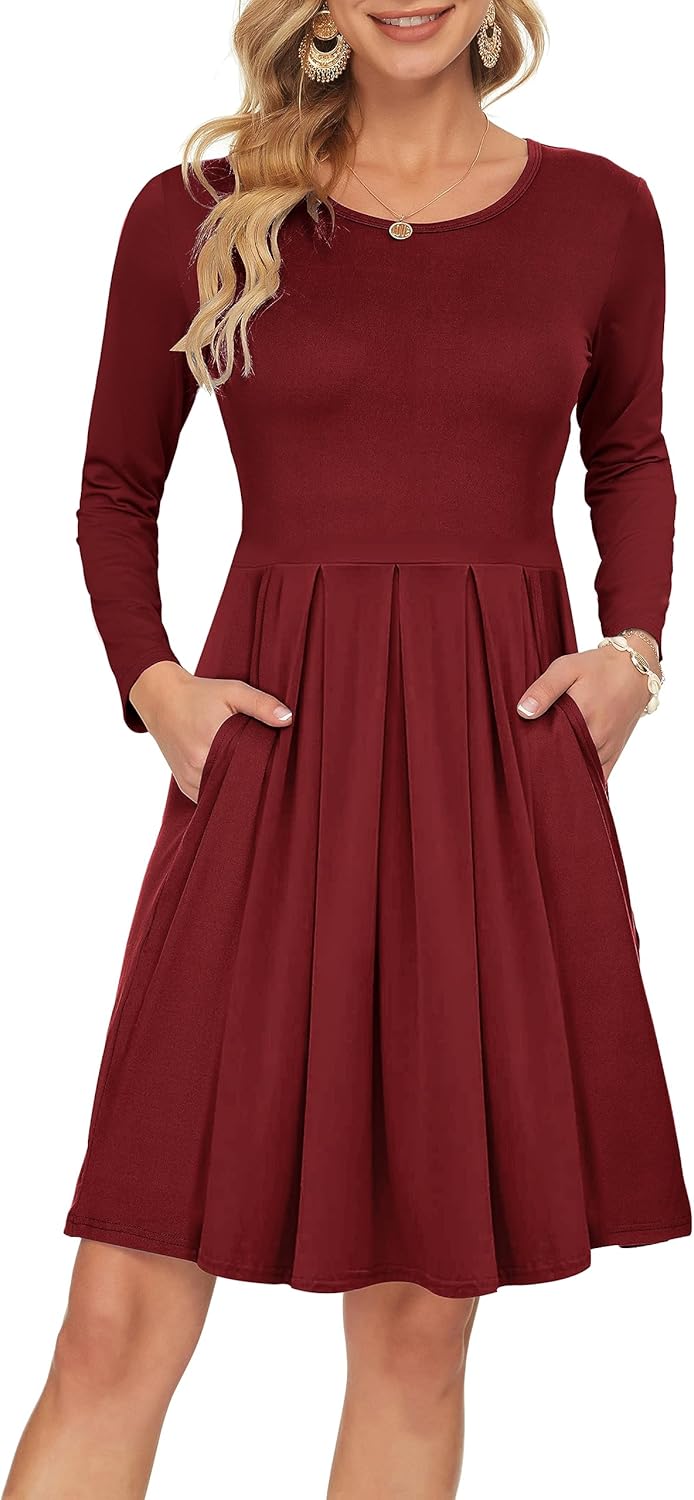 AUSELILY Women's Long Sleeve Casual Pleated Swing Dress