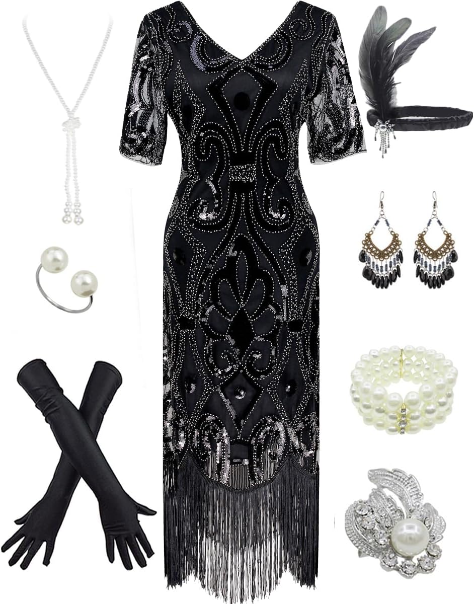 Women's 1920s Gatsby Inspired Sequin Beads Long Fringe Dress