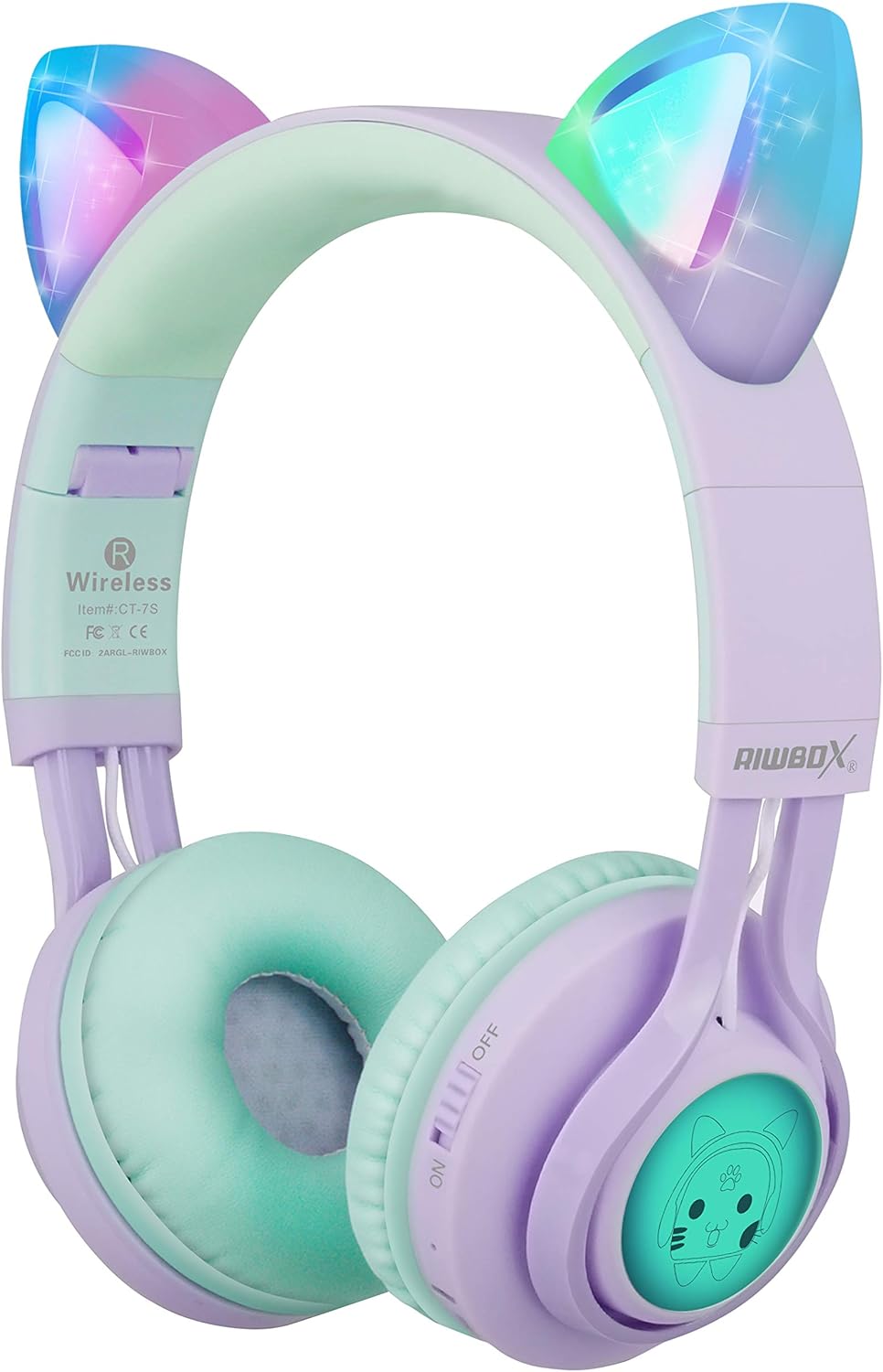 Riwbox Kids Cat Ear Bluetooth Headphones - Volume Limiting, LED Light Up (Purple&Green)