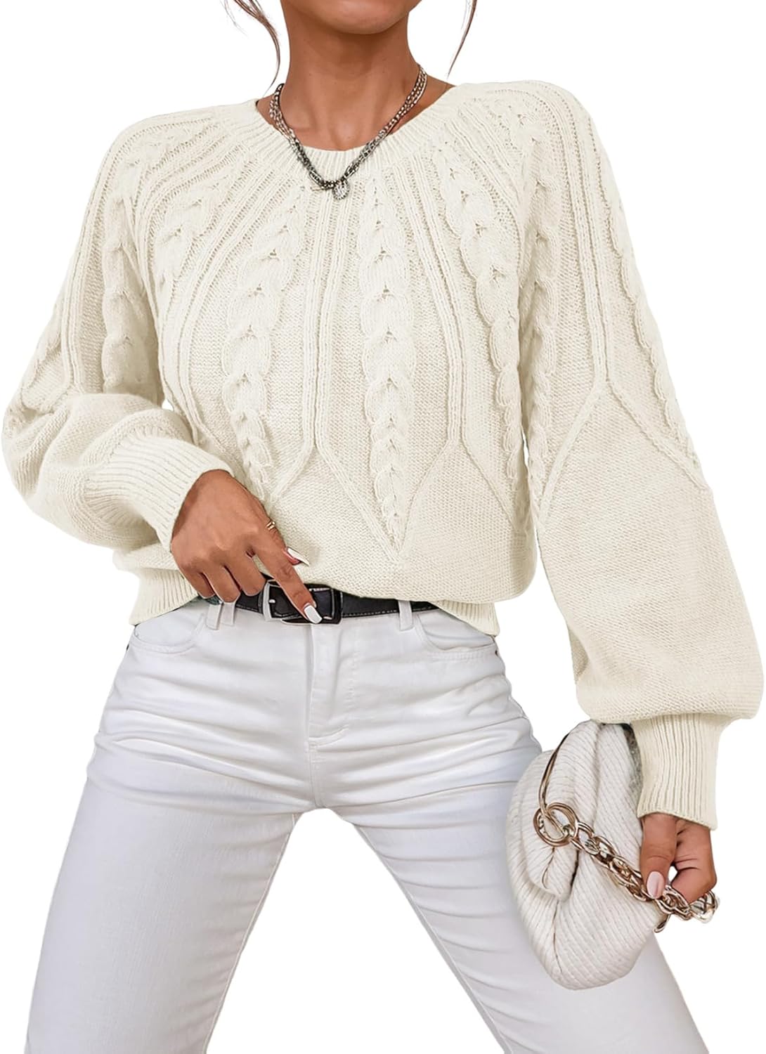 Dokotoo Womens Sweaters Crewneck Long Sleeve Cable Knit Fashion