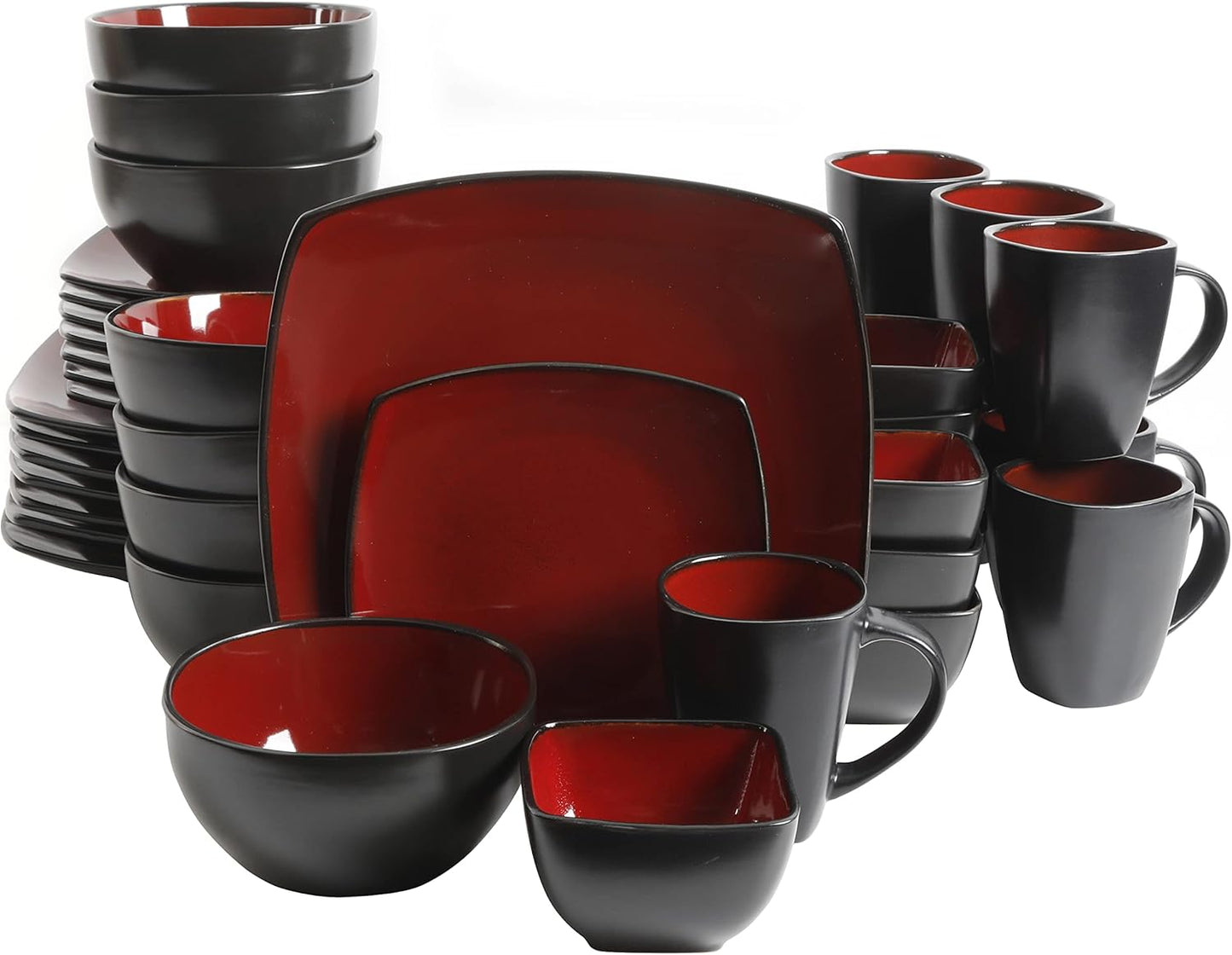 Gibson Elite Soho Lounge Square Dinnerware Set for 8, Red/Black