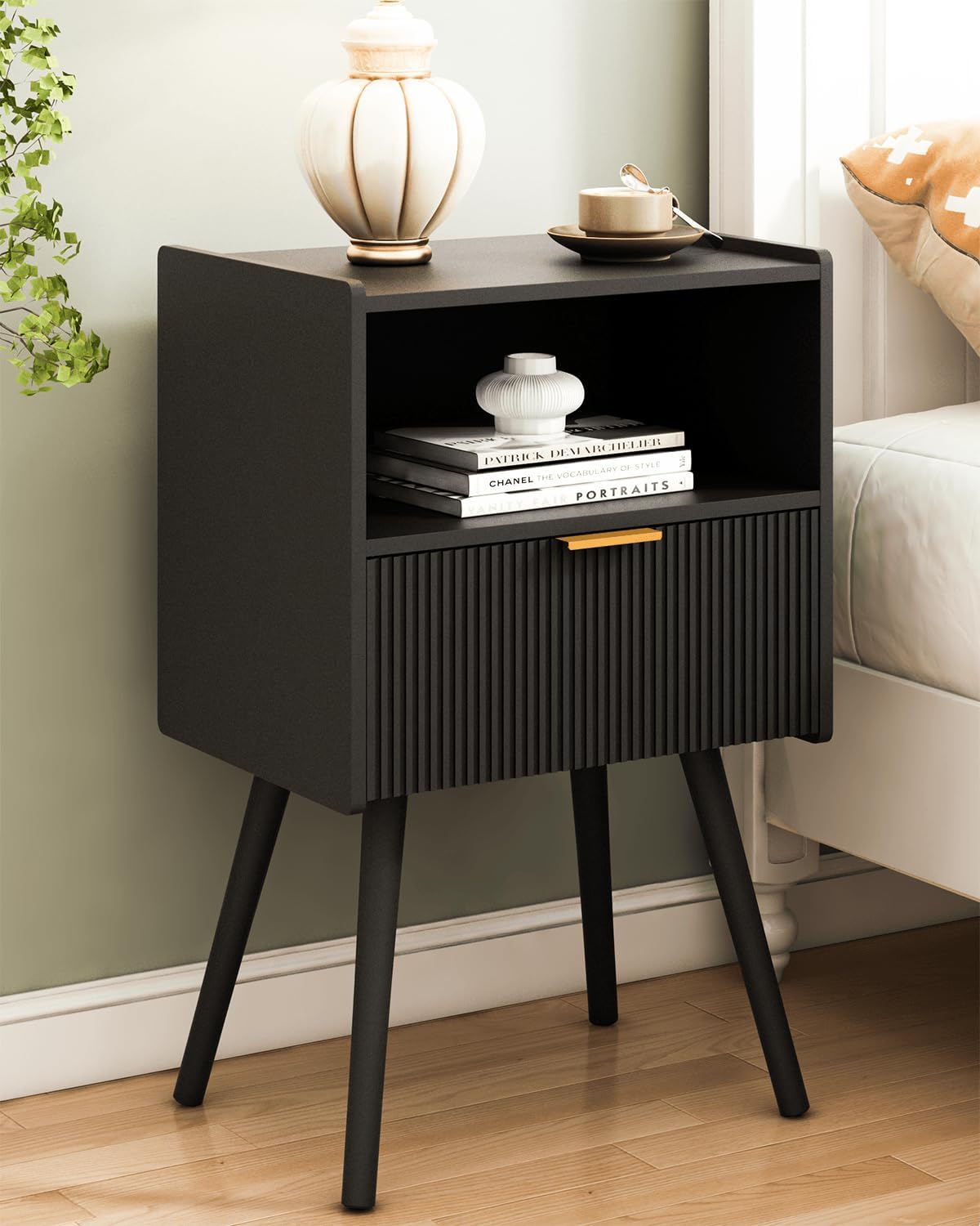 Modern Black Nightstand with Storage Drawer and Open Shelf