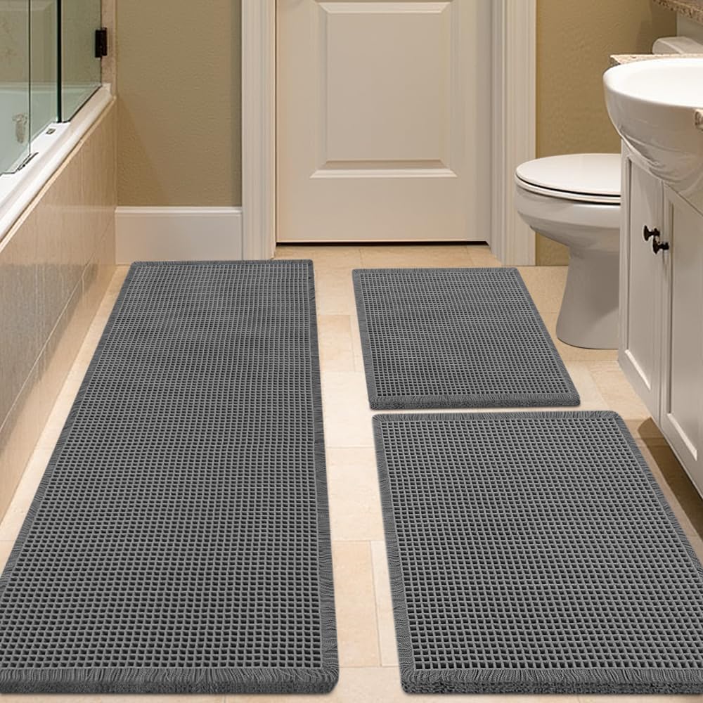 Waffle Bath Mat Set 3 Piece Grey - Soft Washable Boho Rugs