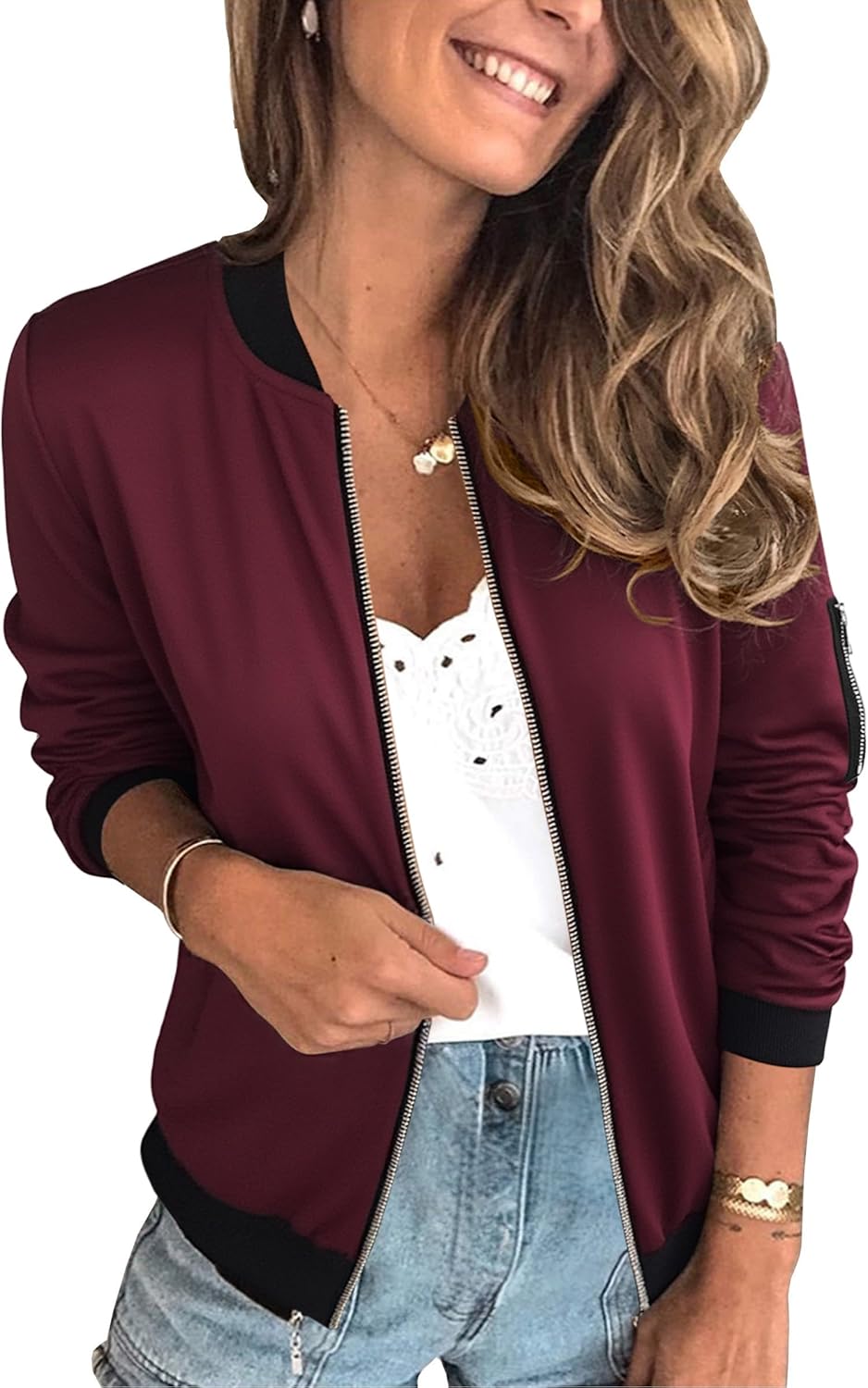 Stylish ECOWISH Women's Casual Floral Zip Up Bomber Jacket
