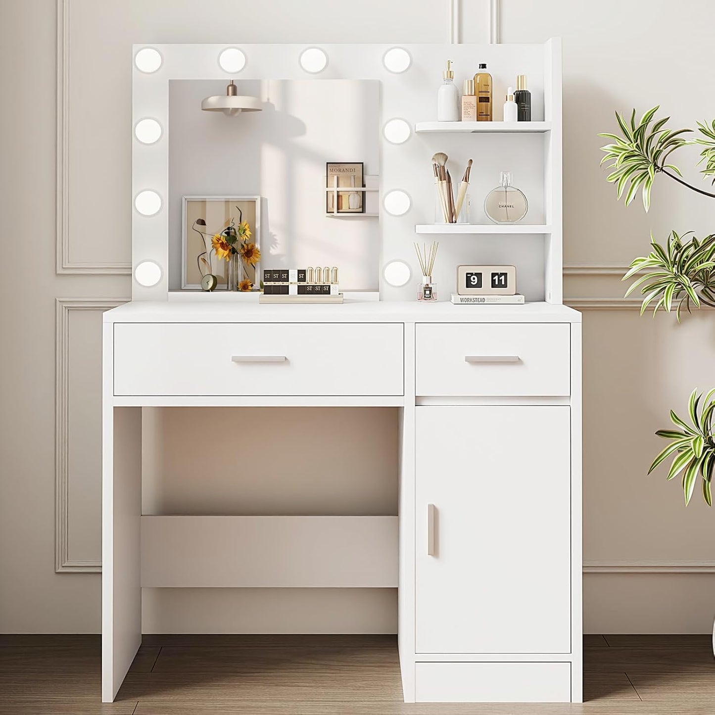 Vanity Desk with Lights & Storage, 3 Lighting Modes, White