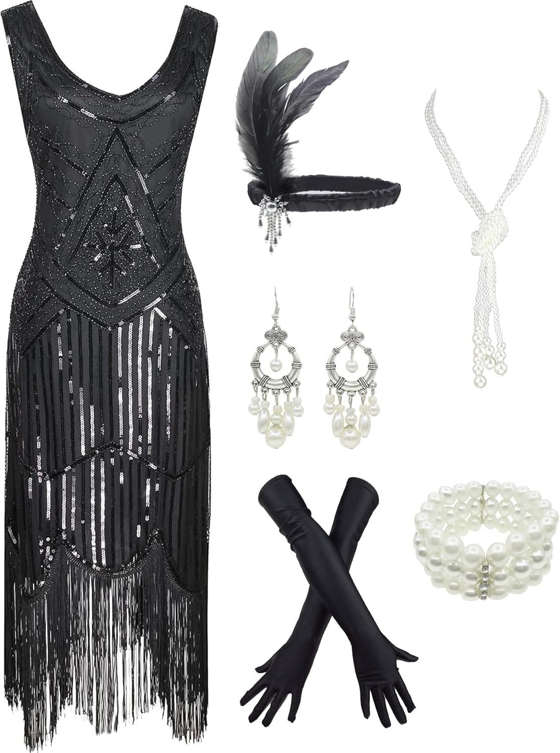 1920s Gatsby Sequin Fringed Flapper Dress with Accessories Set
