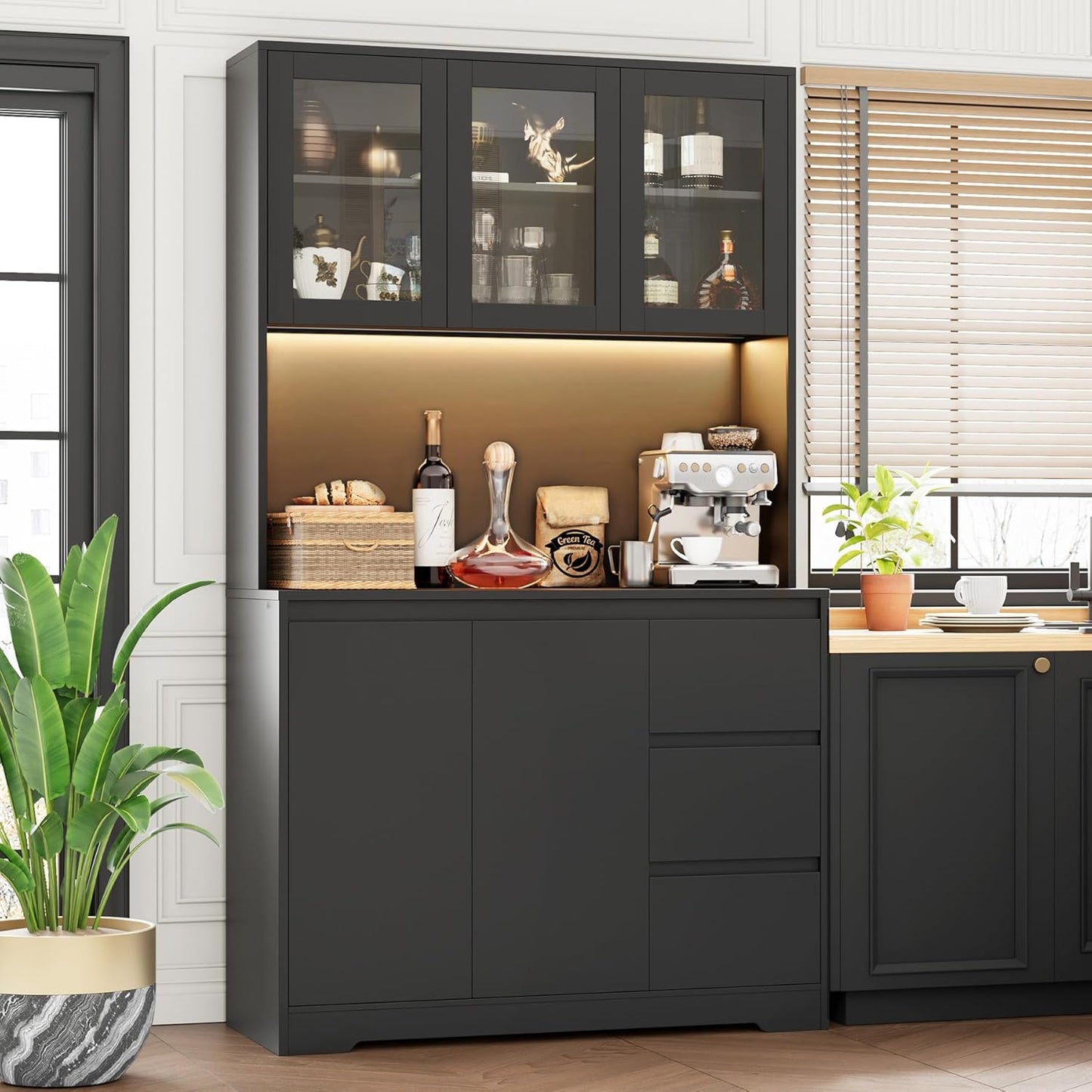 Modern Kitchen Pantry Cabinet with LED Lights