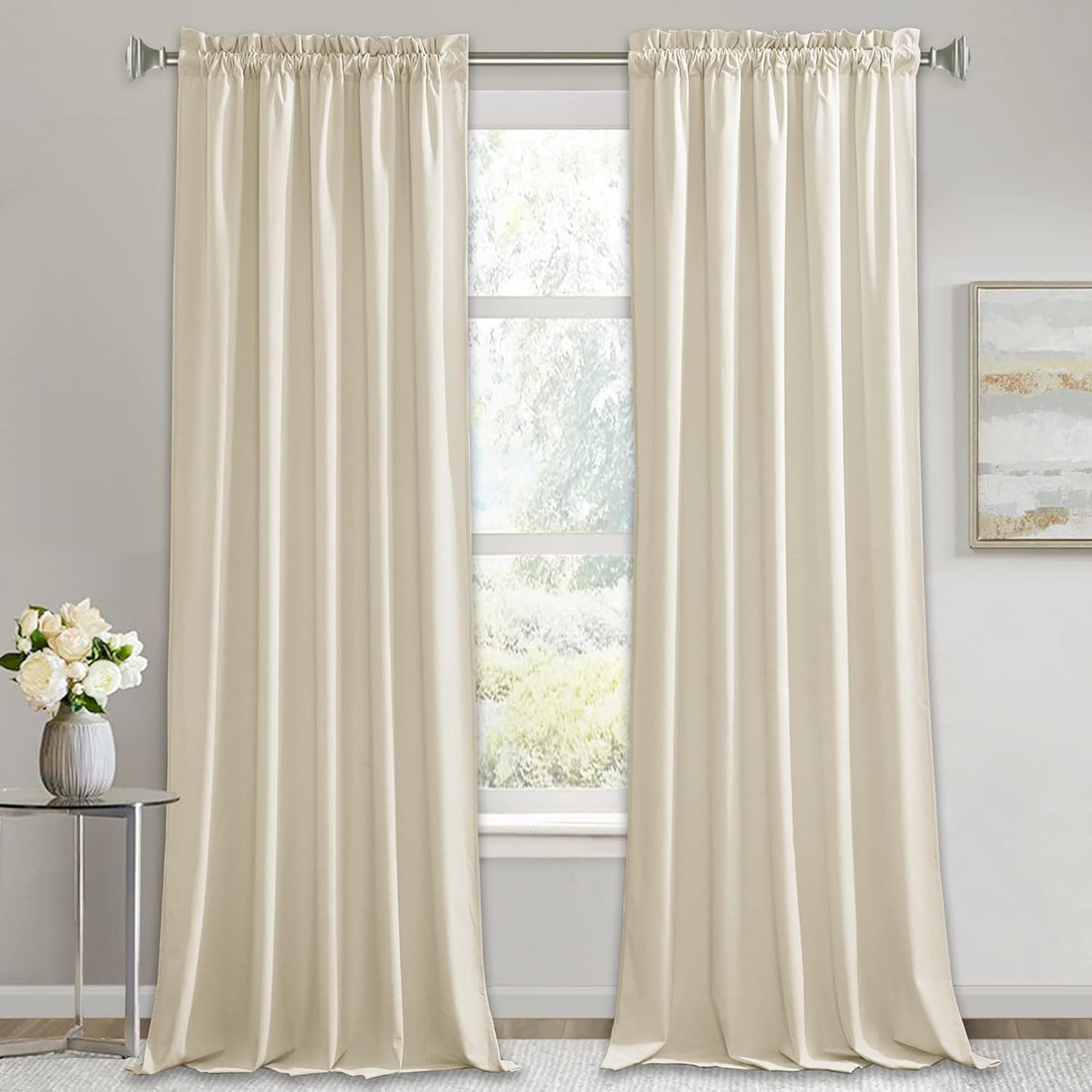 RYB HOME Beige Velvet Curtains - Plush Soft Drapes for Any Room