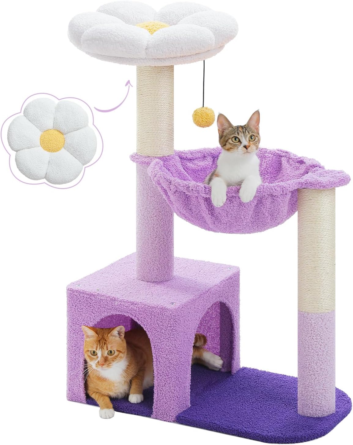 Purple Flower Cat Tree for Small Indoor Cats with Cozy Hammock