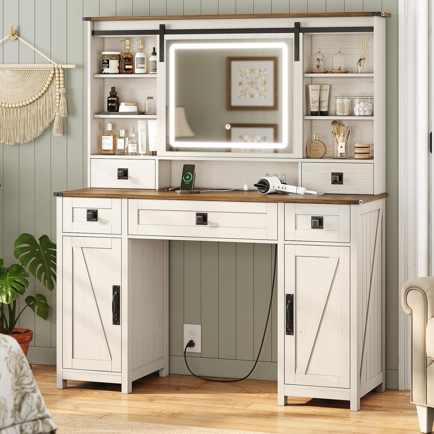 AOGLLATI Farmhouse Vanity: Lights, Charging Station & Storage