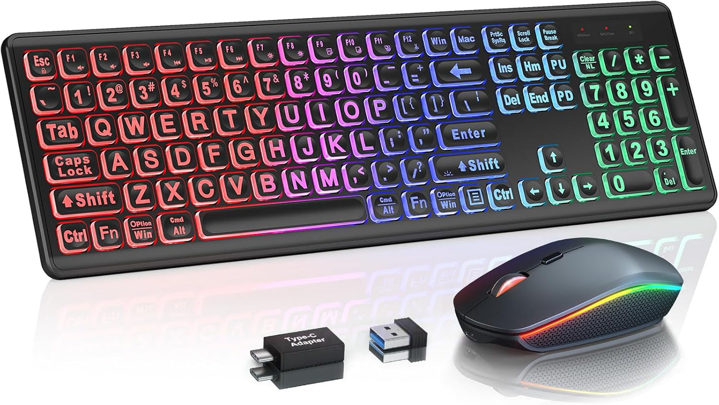Large Print RGB Wireless Combo - Ergonomic, Rechargeable, Quiet.