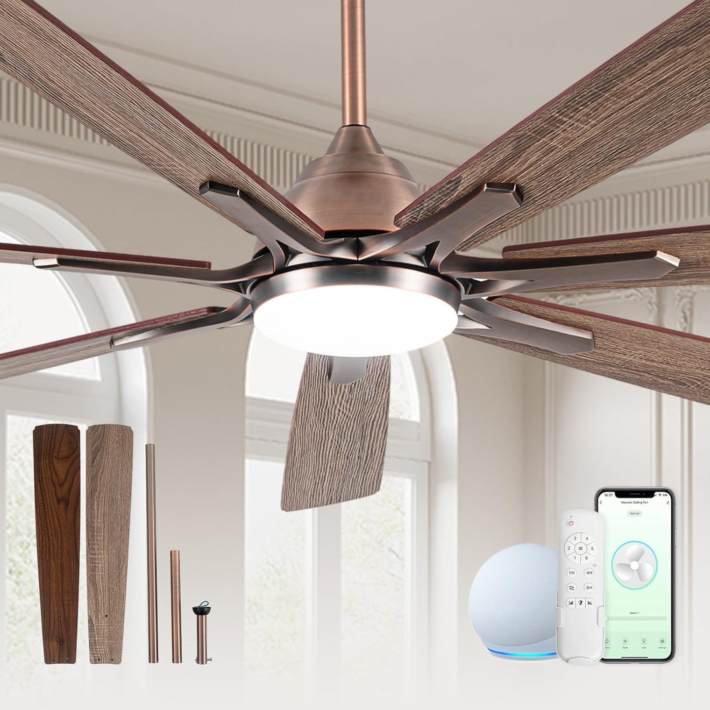 72 Inch Oil Rubbed Bronze Smart Ceiling Fan with Light Features