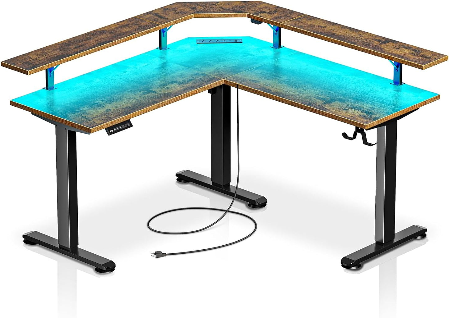 Rustic Brown L-Shaped Standing Desk with LED light