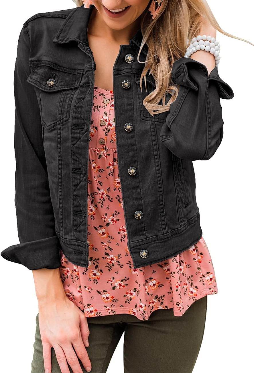 Vetinee Womens Stretch Button Down Long Sleeve Denim Jacket