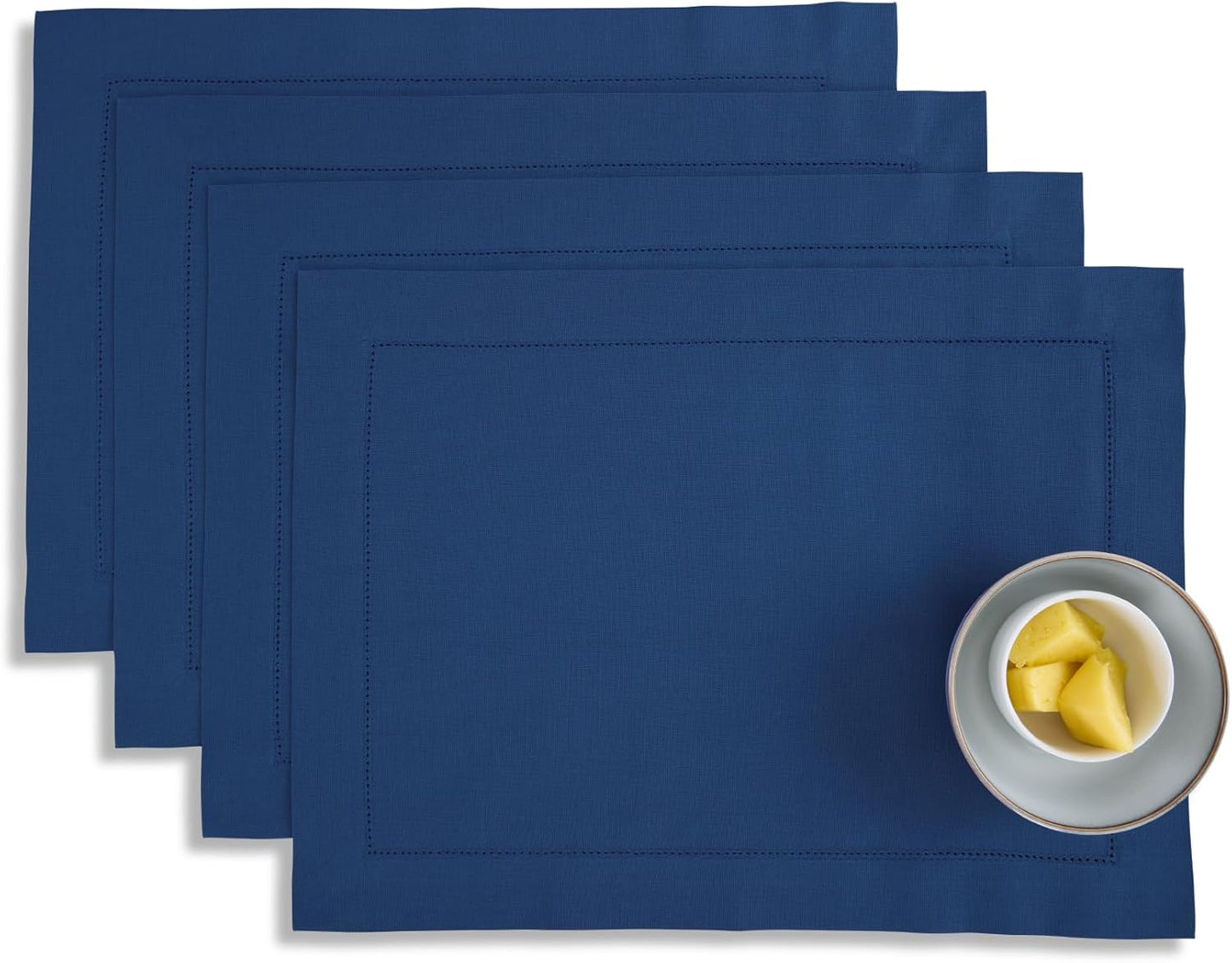 Cotton Linen Placemats Set of 4 - Hemstitch Lapis Blue