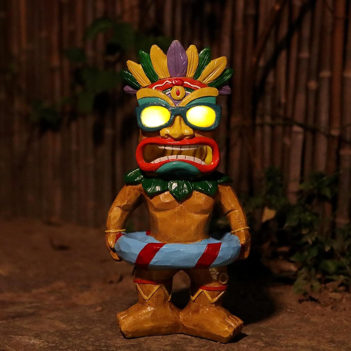 Solar Tiki Statue with Swim Ring for Outdoor Garden Decor