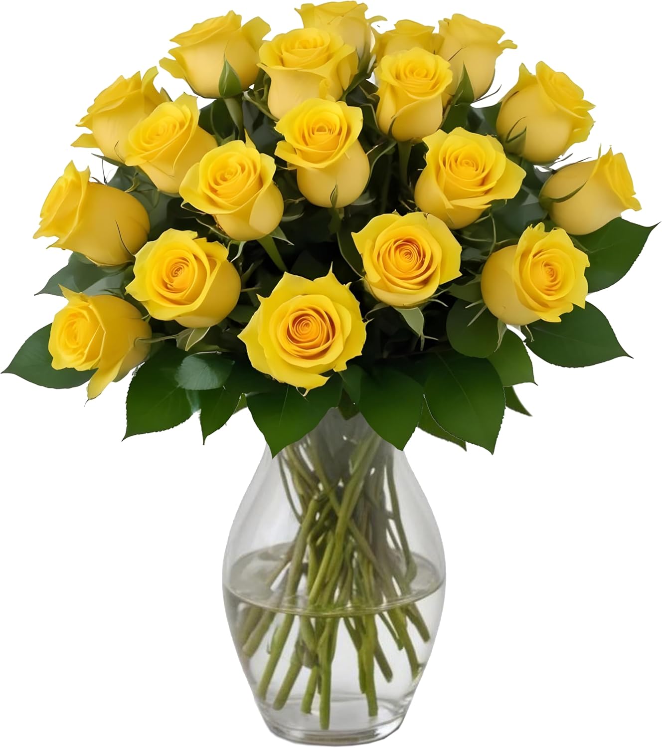 18 Yellow Roses in Hand Blown Glass Vase for Any Occasion