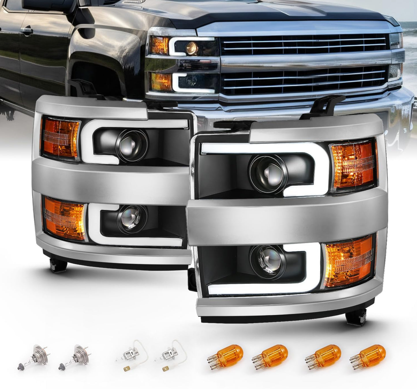 AmeriLite Black Quad Projector Headlights for Chevy Silverado 2500HD