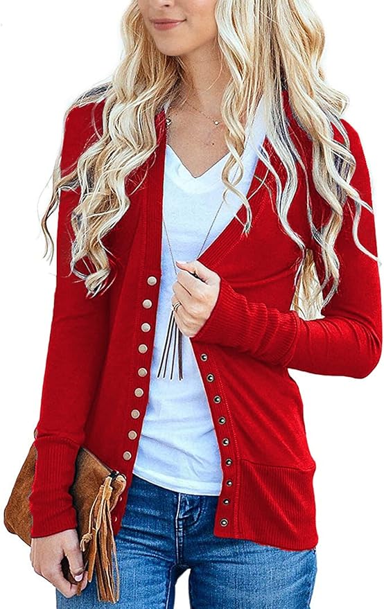 VERABENDI Women Long Sleeve V Neck Cute Knit Sweater Cardigan