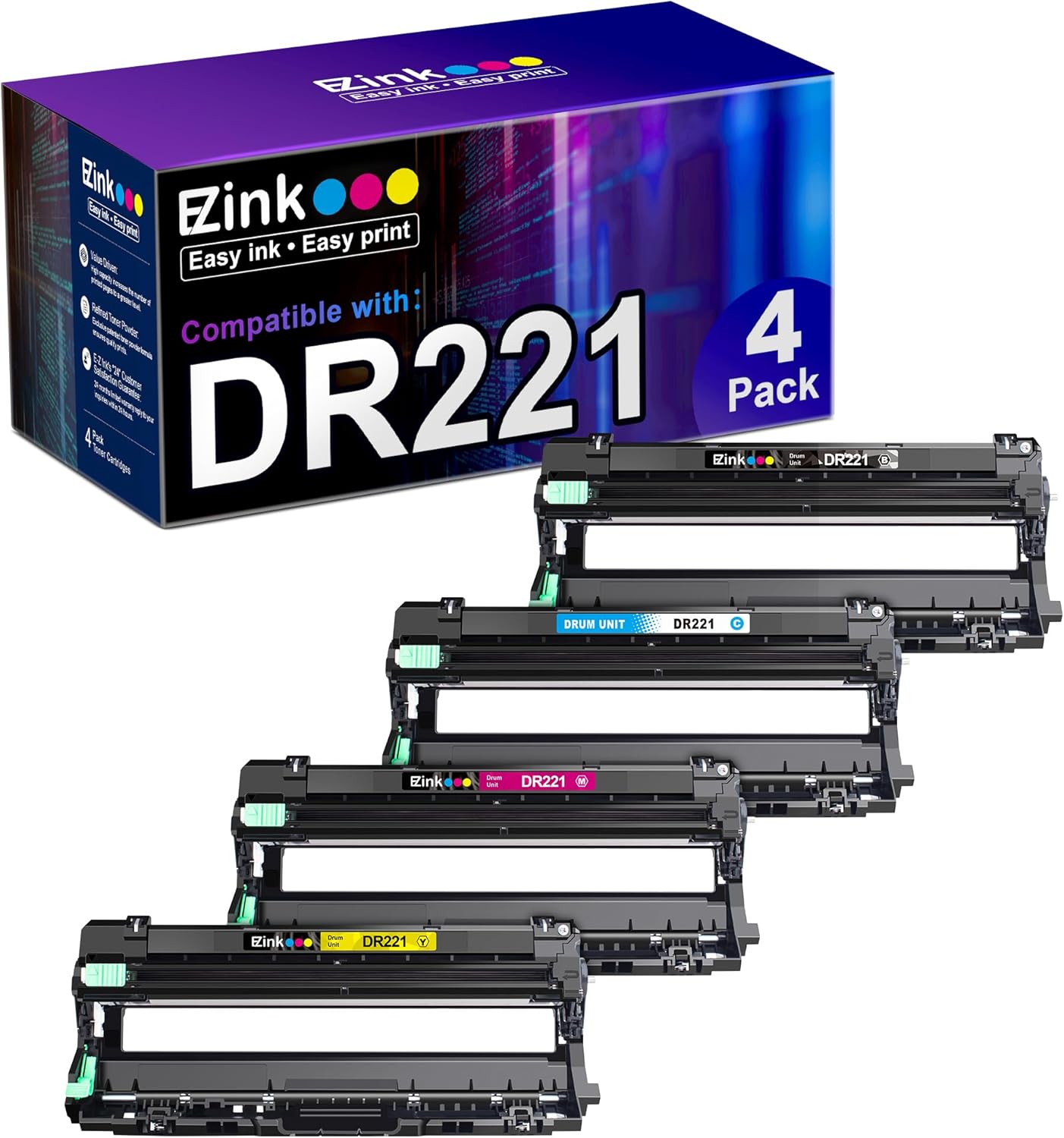 Vibrant Colors Set: E-Z Ink Remanufactured DR221 Drum Unit 4 Pack