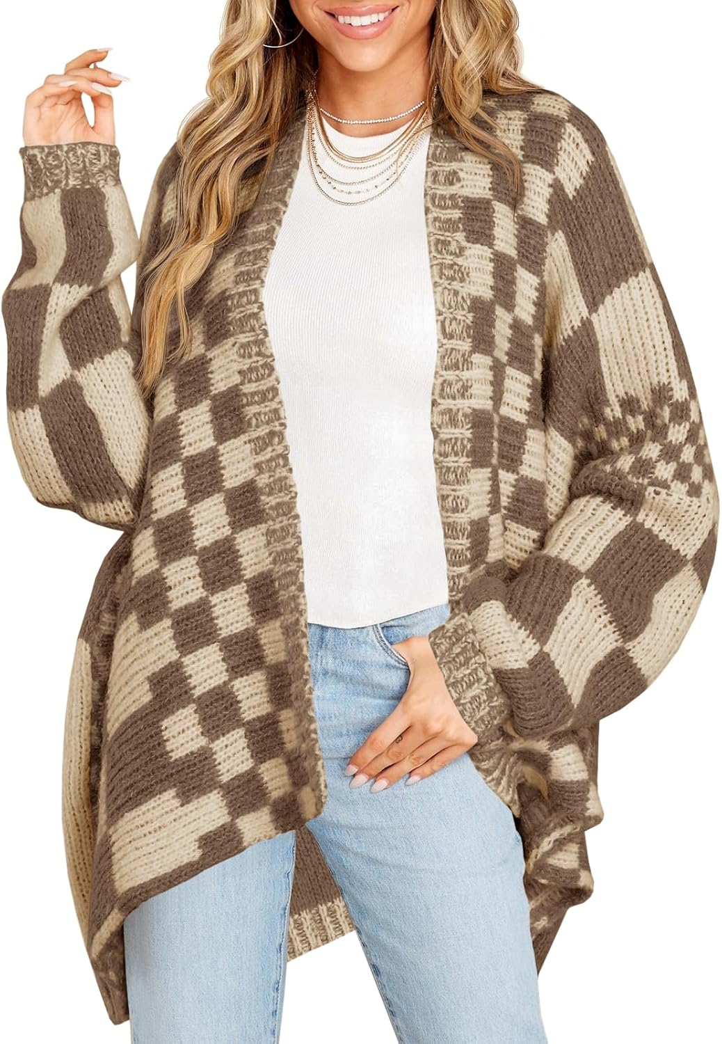 Checkered Sweater Cardigans for Women - Oversized Knit Coats