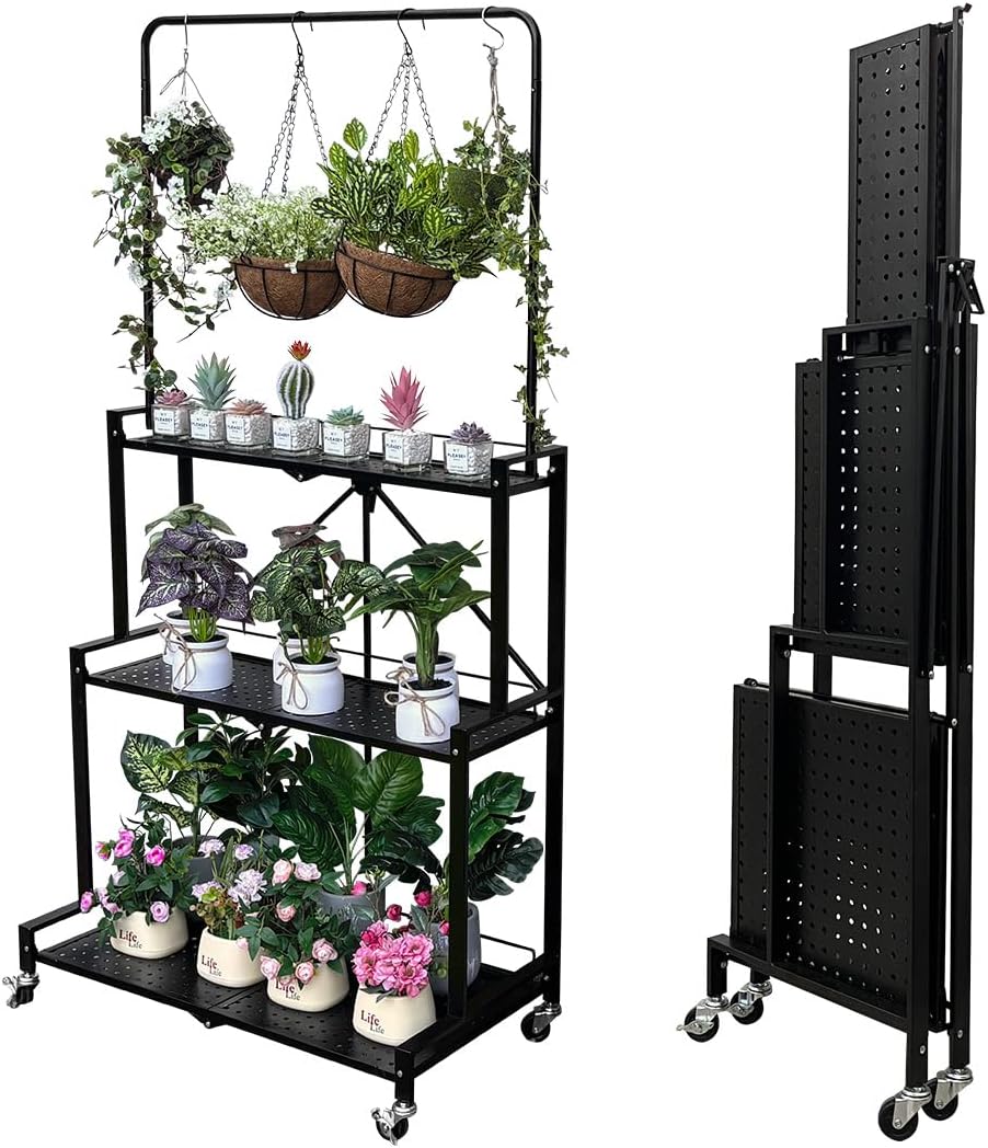 Foldable 4-Tier Plant Stand with Wheels for Indoor Outdoor Use