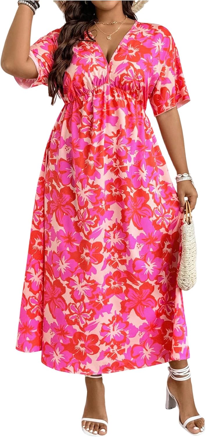 Floerns Women's Plus Size Boho Floral V Neck A Line Dress