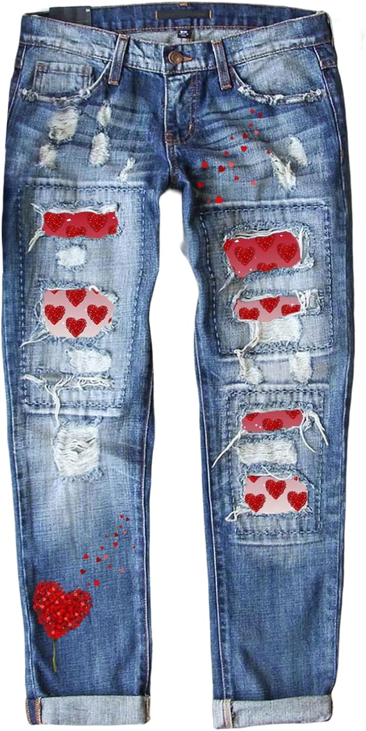 Astylish Womens Plaid Patch Ripped Boyfriend Distressed Jeans