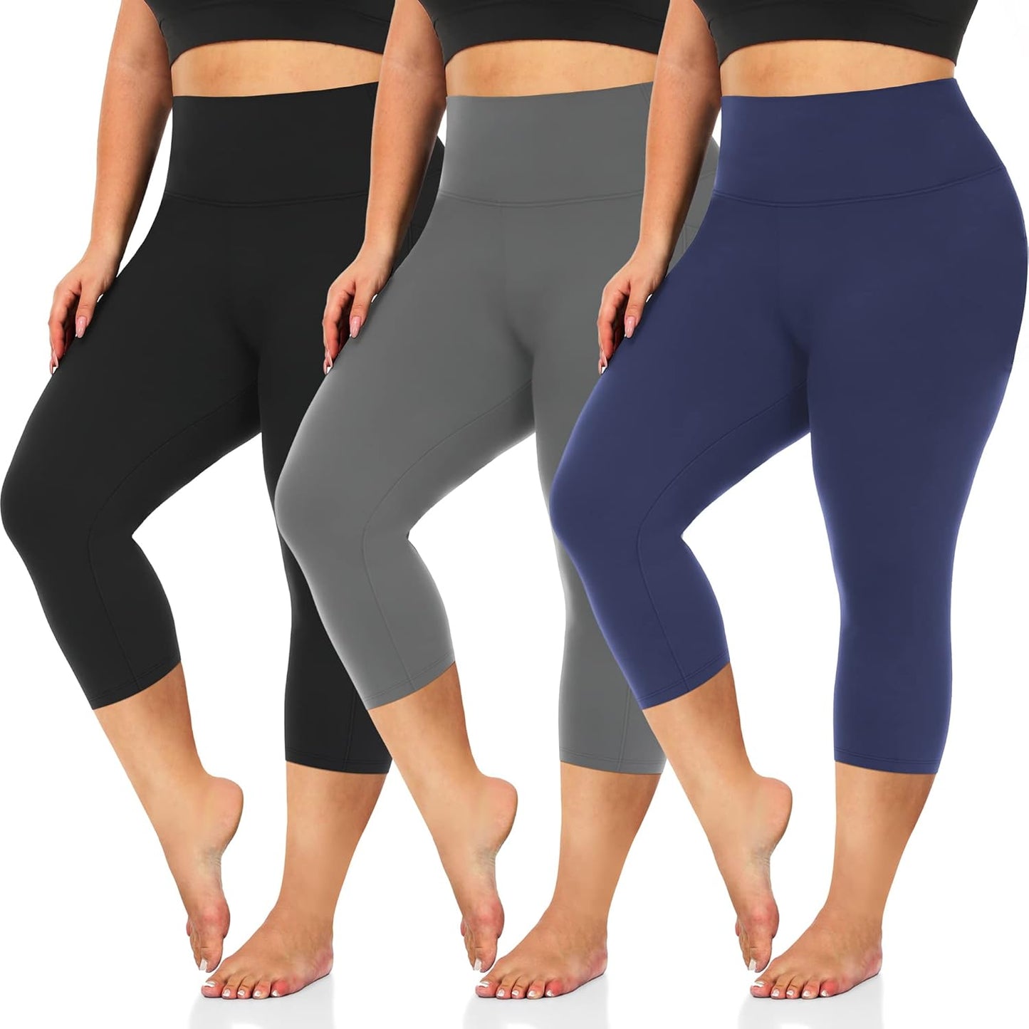 Tummy Control Capri Leggings 3 Pack - Plus Size XL-4X