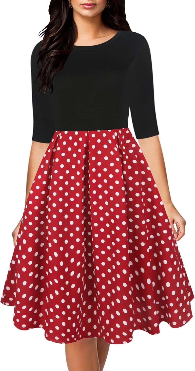 Oxiuly Women's Vintage Half Sleeve O-Neck Swing Dress with Pockets