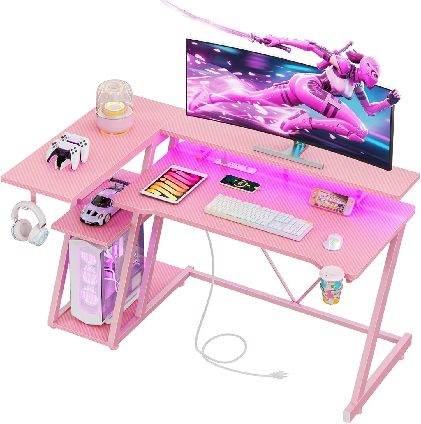 47 Inch Pink Gaming Desk with LED Lights and Power Outlet
