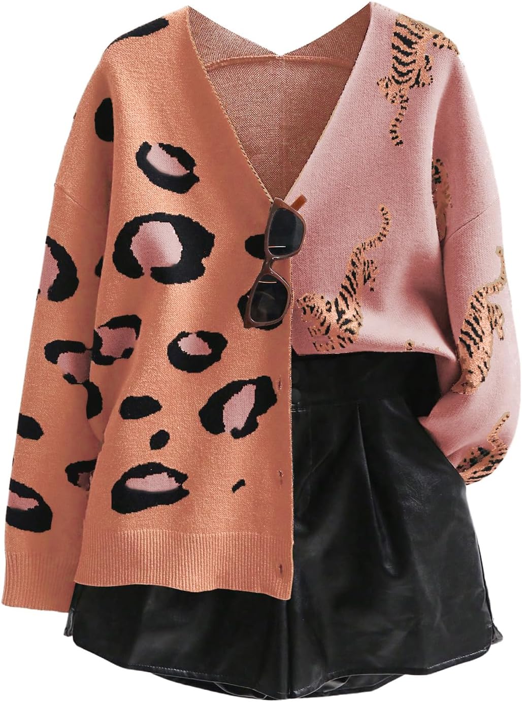 Leopard Tiger Print Cardigan V Neck Long Sleeve Sweater Outwear