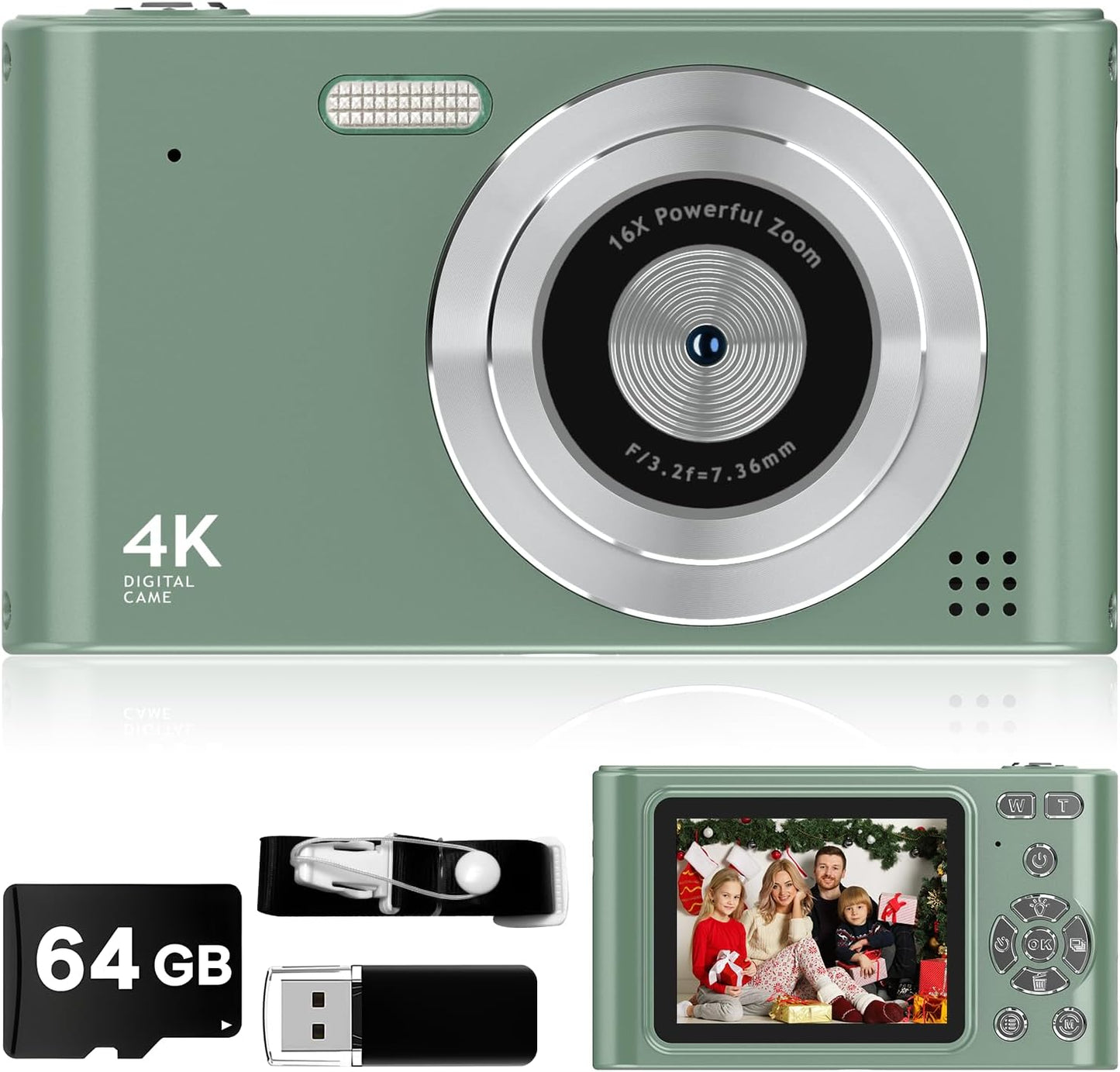 2025 Kids Vlog Camera, 1080P, 64GB Card, 16X Zoom, Anti Shake, 44MP Green Gift