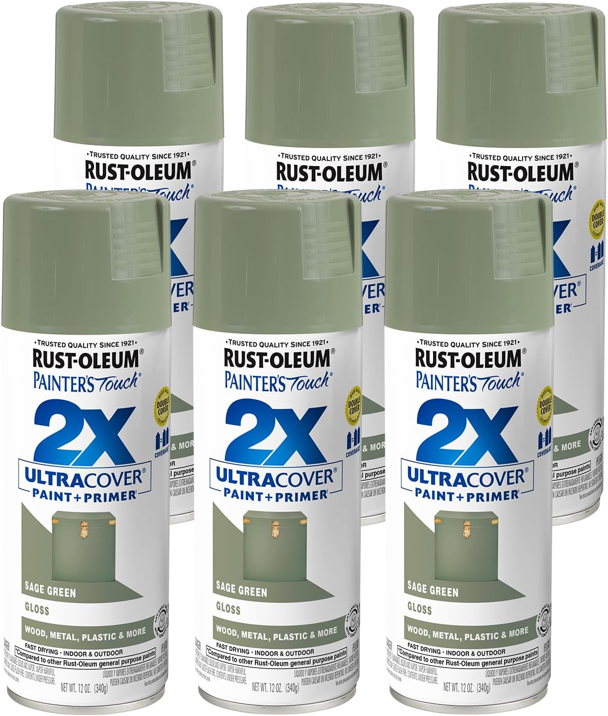Painter's Touch 2X Ultra Cover Spray Paint, Gloss Sage Green, 6 Pack