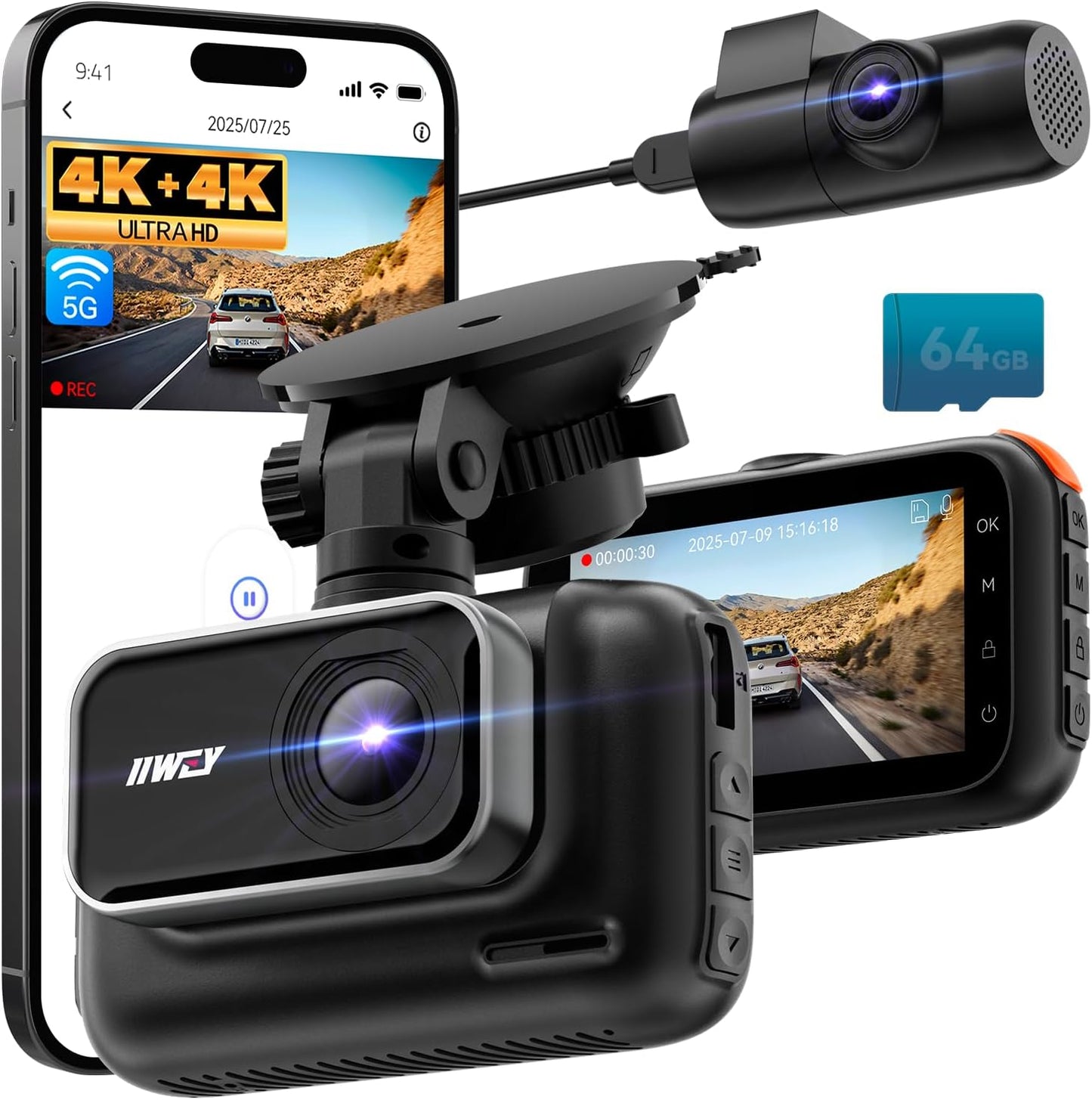 IIWEY 4K+4K Dash Cam Front and Rear with 5G Wi-Fi and 64GB SD