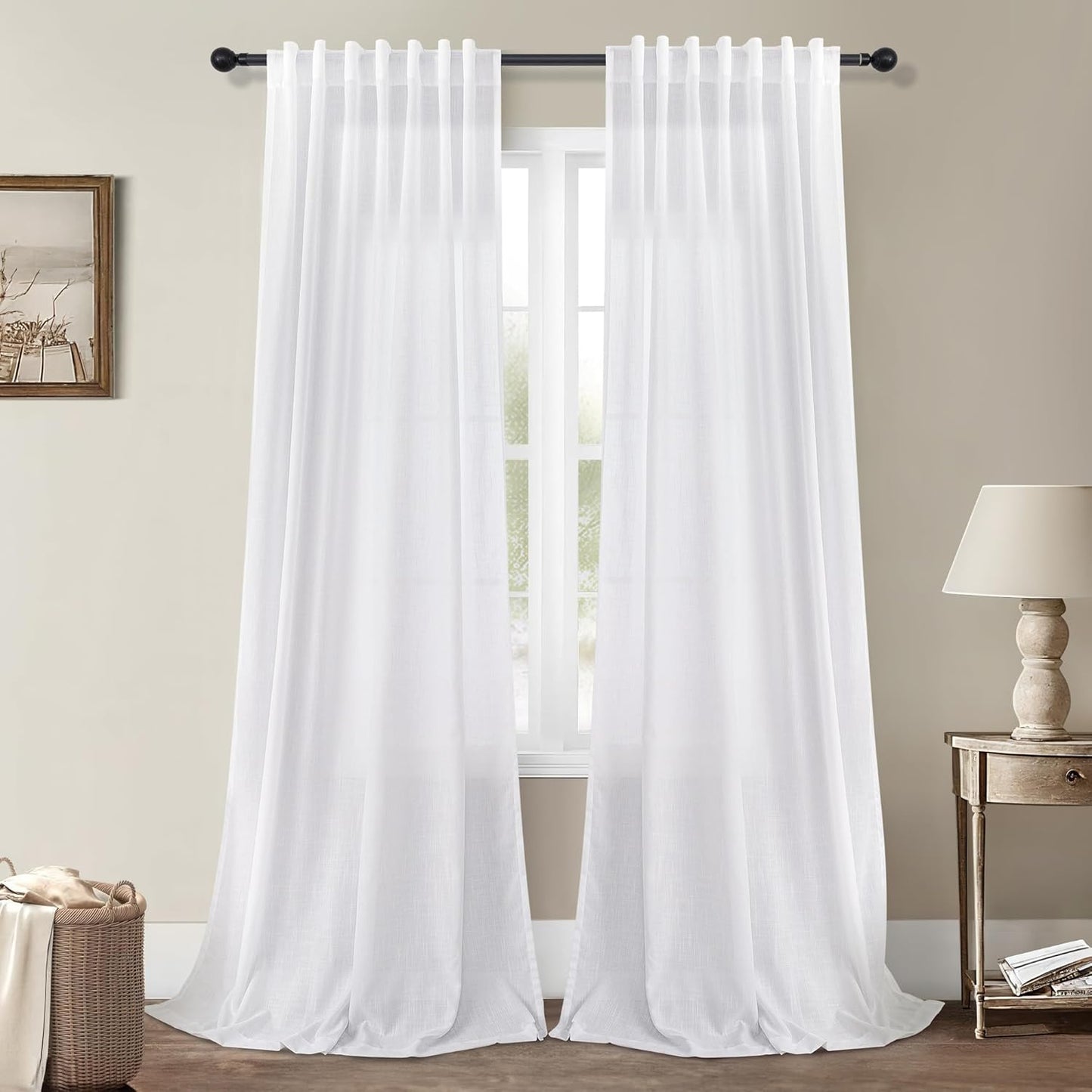 White Linen Sheer Curtains 86 Inches Long for Bedroom Decor