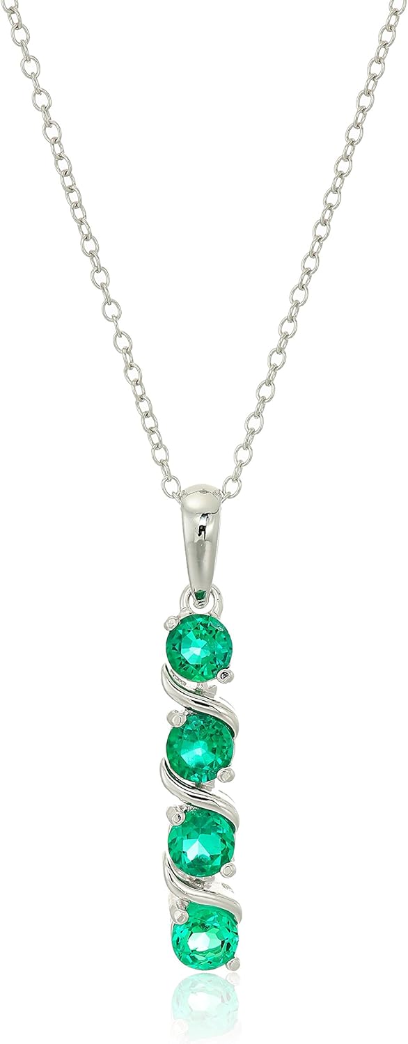 Classic 4-Stone Created Emerald Pendant Necklace in Silver