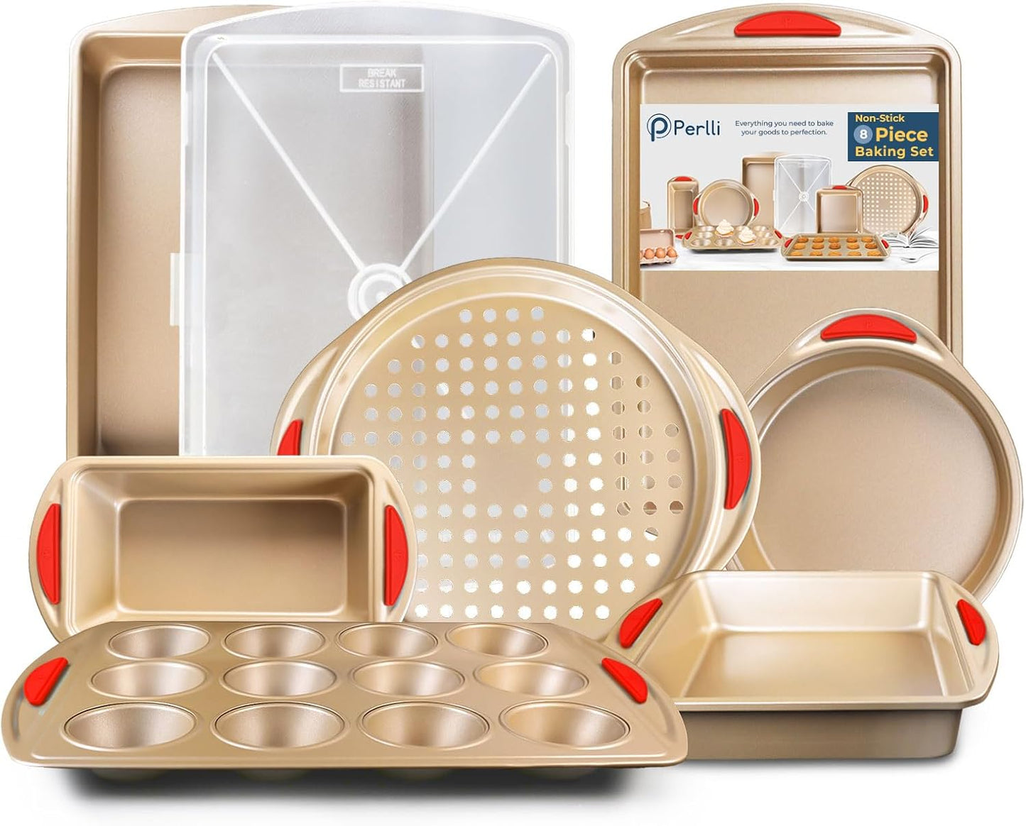 Perlli Baking Pan 8 Piece Set Nonstick Gold Carbon Steel Bakeware