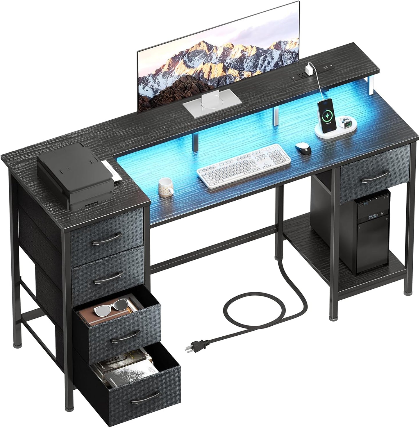 47 Inch Computer Desk with LED Lights and Power Outlets