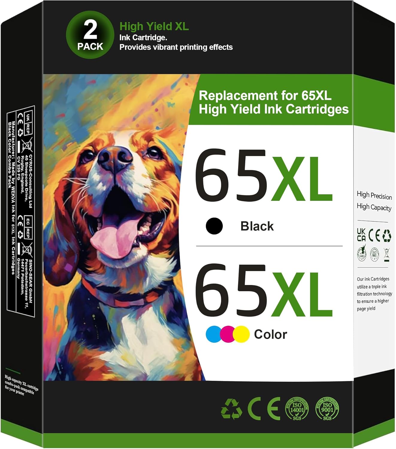 65XL Black/Tri-Color Ink Cartridges for HP Printers - 2-Pack