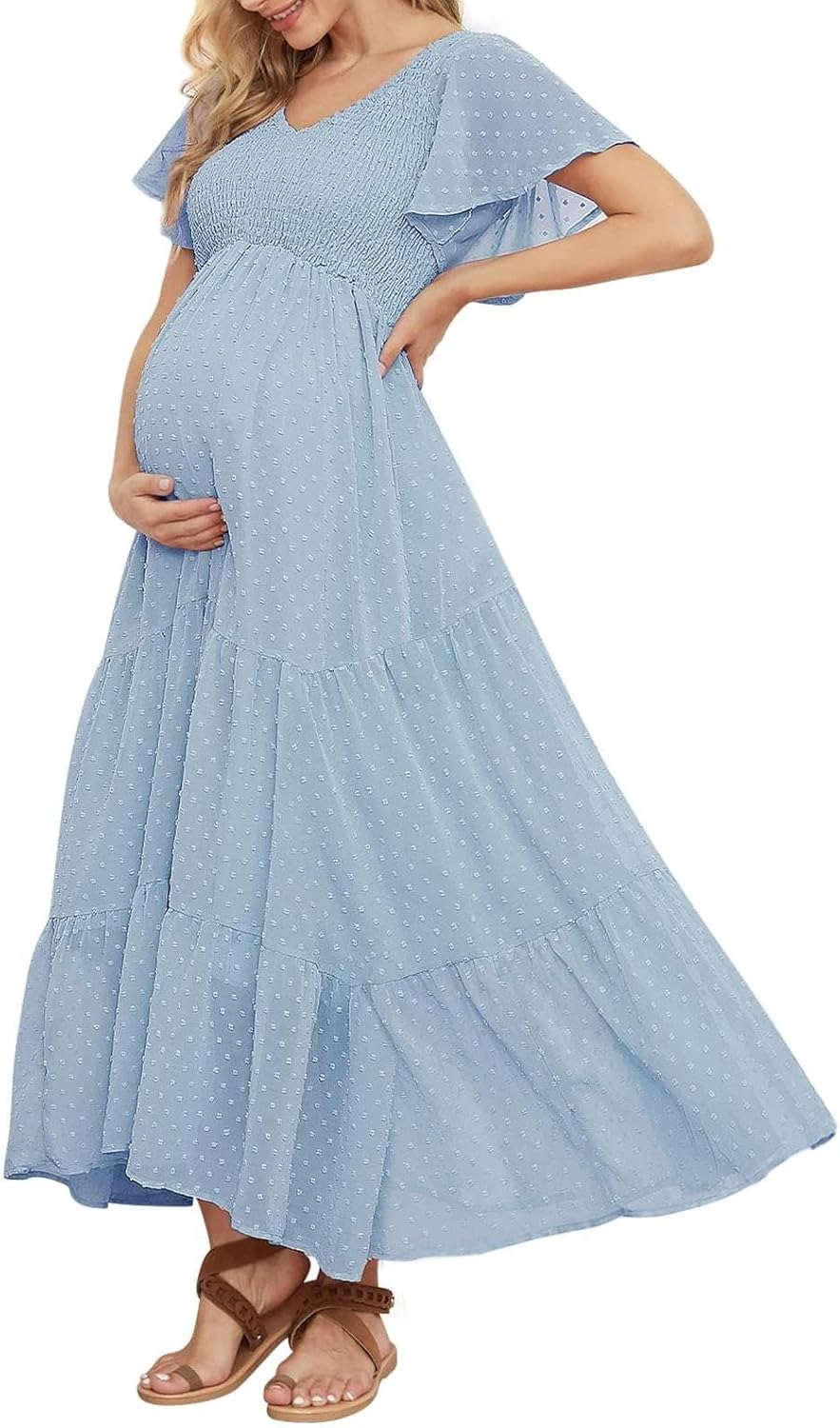 Swiss Dot Smocked Maternity Dress for Baby Shower Photoshoot